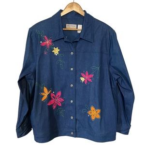 ALFRED DUNNER sz 18 W Shacket Denim Embroidered Flowers Embellished Blue Pink +